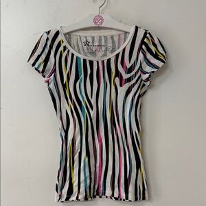 Nollie White Striped Tee with Black, Pink, Yellow & Blue Accents Y2K